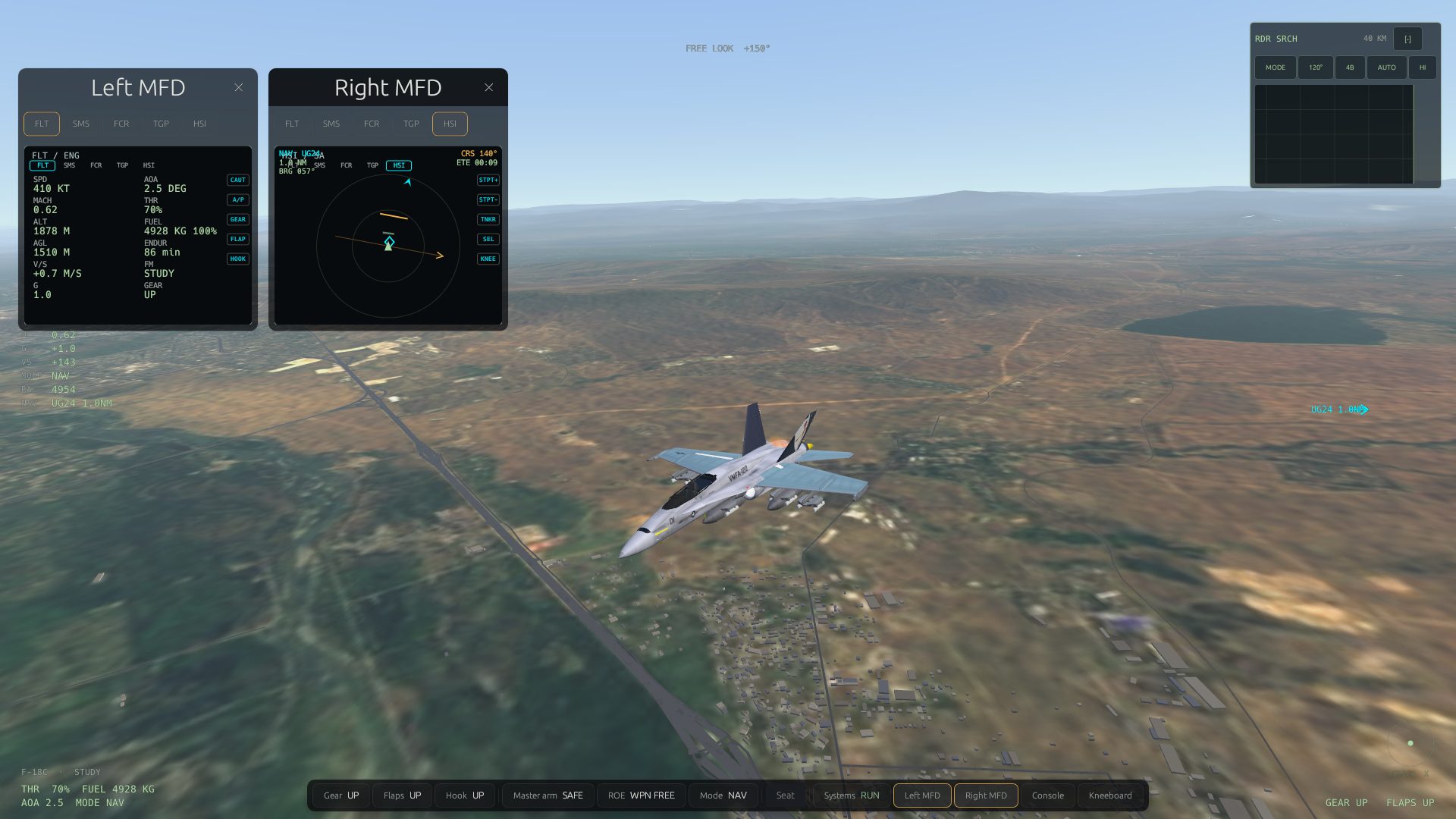 Floating MFD windows over a chase-camera view of an F/A-18
