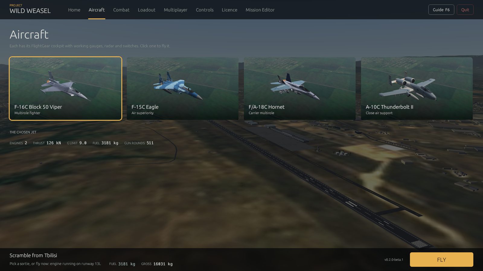 The aircraft page of the launcher