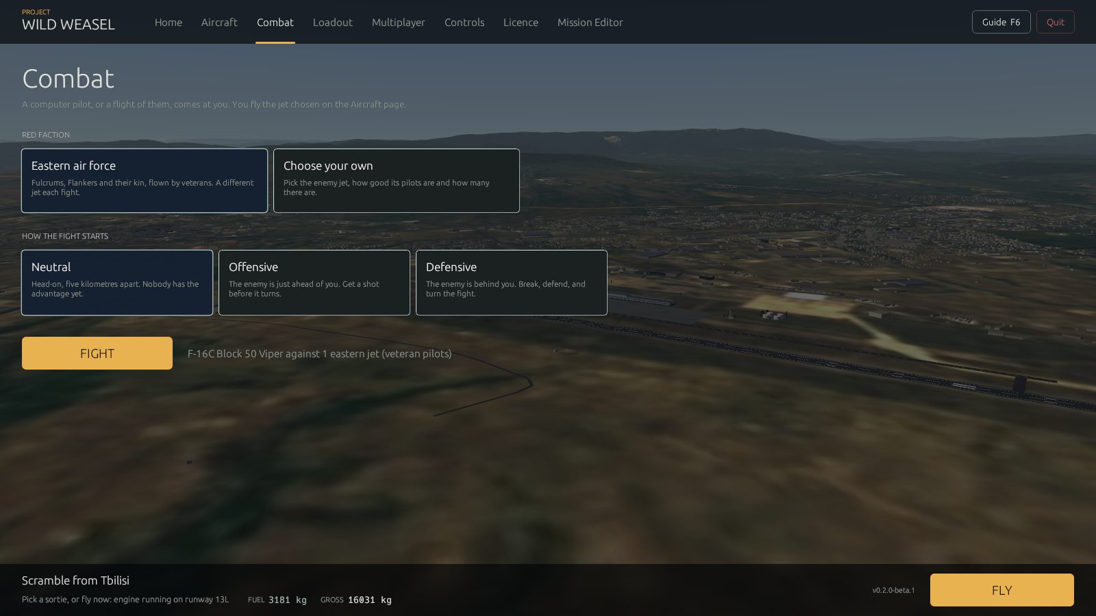 The combat page of the launcher